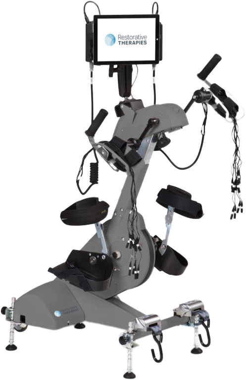 A grey medical functional electrical stimulation (FES) cycling machine isolated on a white background, featuring an attached digital display screen showing the Restorative Therapies logo, upper body hand grips, lower body foot pedals with calf supports, and hanging electrode lead wires