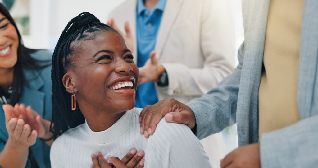 Business woman, team and applause for promotion with celebration, support and employee recognition. Pride, people and happy with clapping in office for corporate success and praise for achievement.