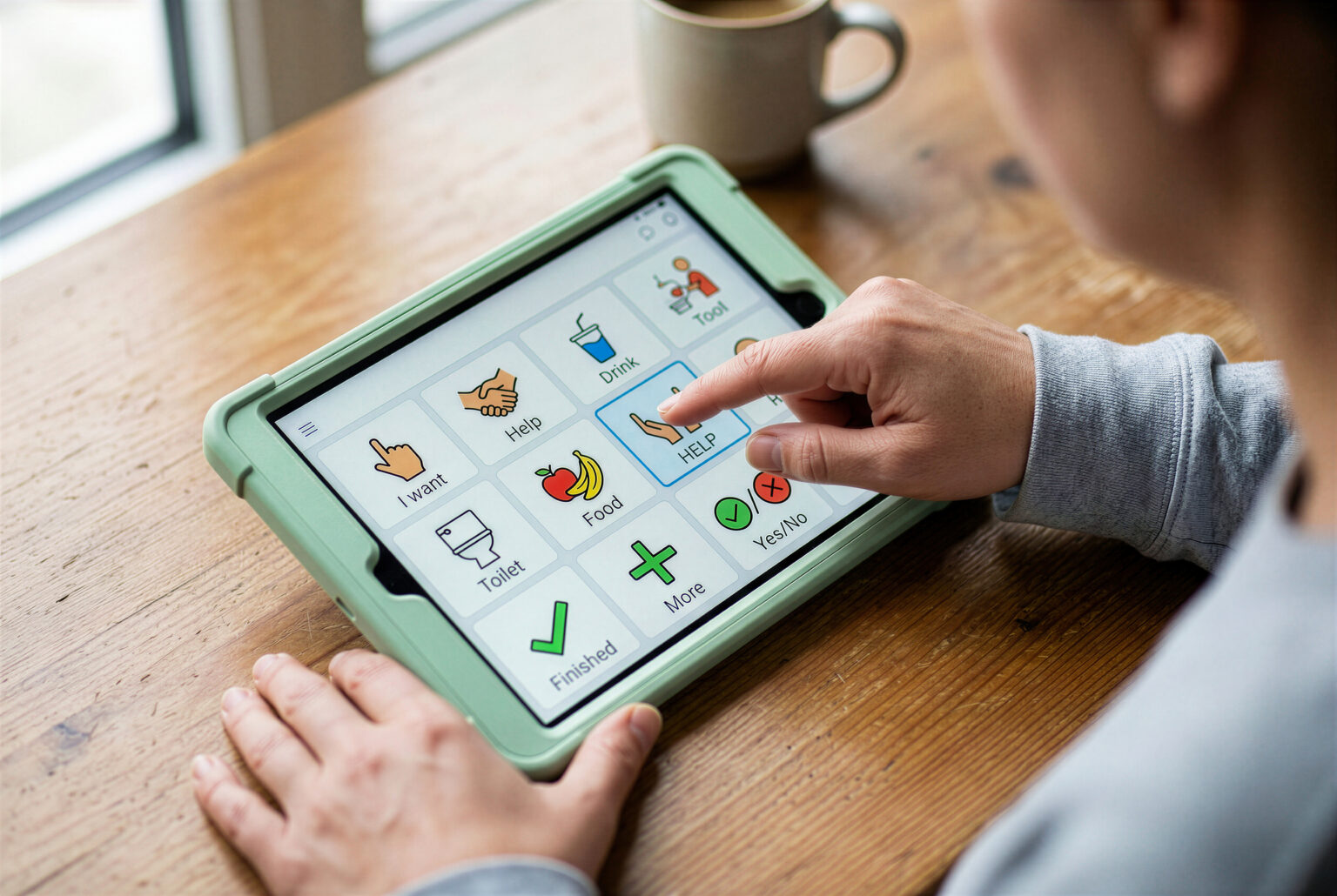 A close-up, over-the-shoulder shot of a person using a tablet computer housed in a light green protective case. The screen displays an Augmentative and Alternative Communication (AAC) interface featuring various colorful grid icons with labels like "I want," "Help," "Drink," "Food," and "Toilet." The user's finger is pressing the "HELP" icon, which is highlighted with a blue border. The device sits on a wooden table next to a ceramic coffee mug in a brightly lit indoor environment.