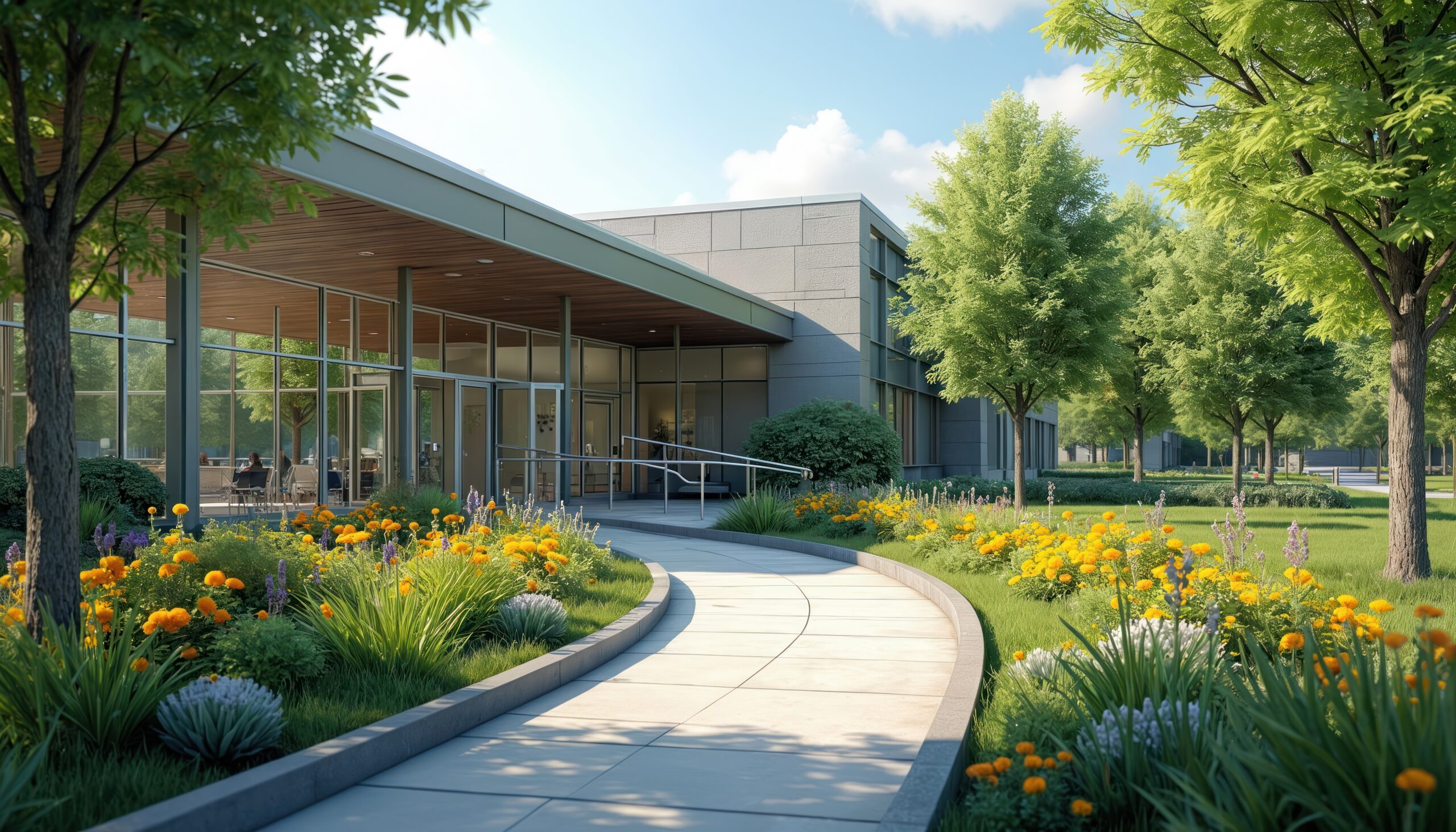 Modern healthcare building with glass walls and ramp access. Lush green lawn, colorful flower beds and trees surround the accessible entrance. Welcoming patient facility design.