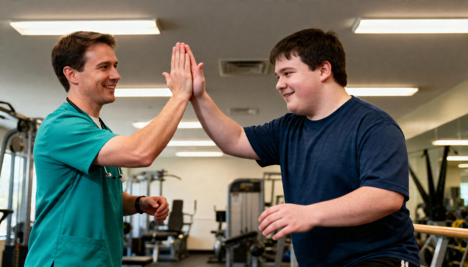 High-fiving PT encouraging teen patient in rehab, wearing teal scrubs, stethoscope near handrail. Rehabilitation, therapist, fitness, equipment, mirrors, balance, AI-generated