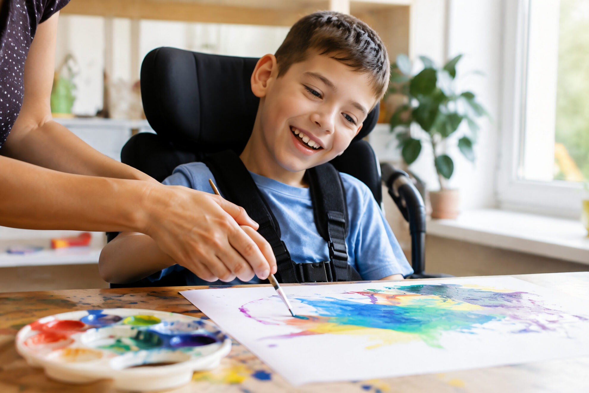 Child with disabilities happily painting with adult assistance in cheerful environment
