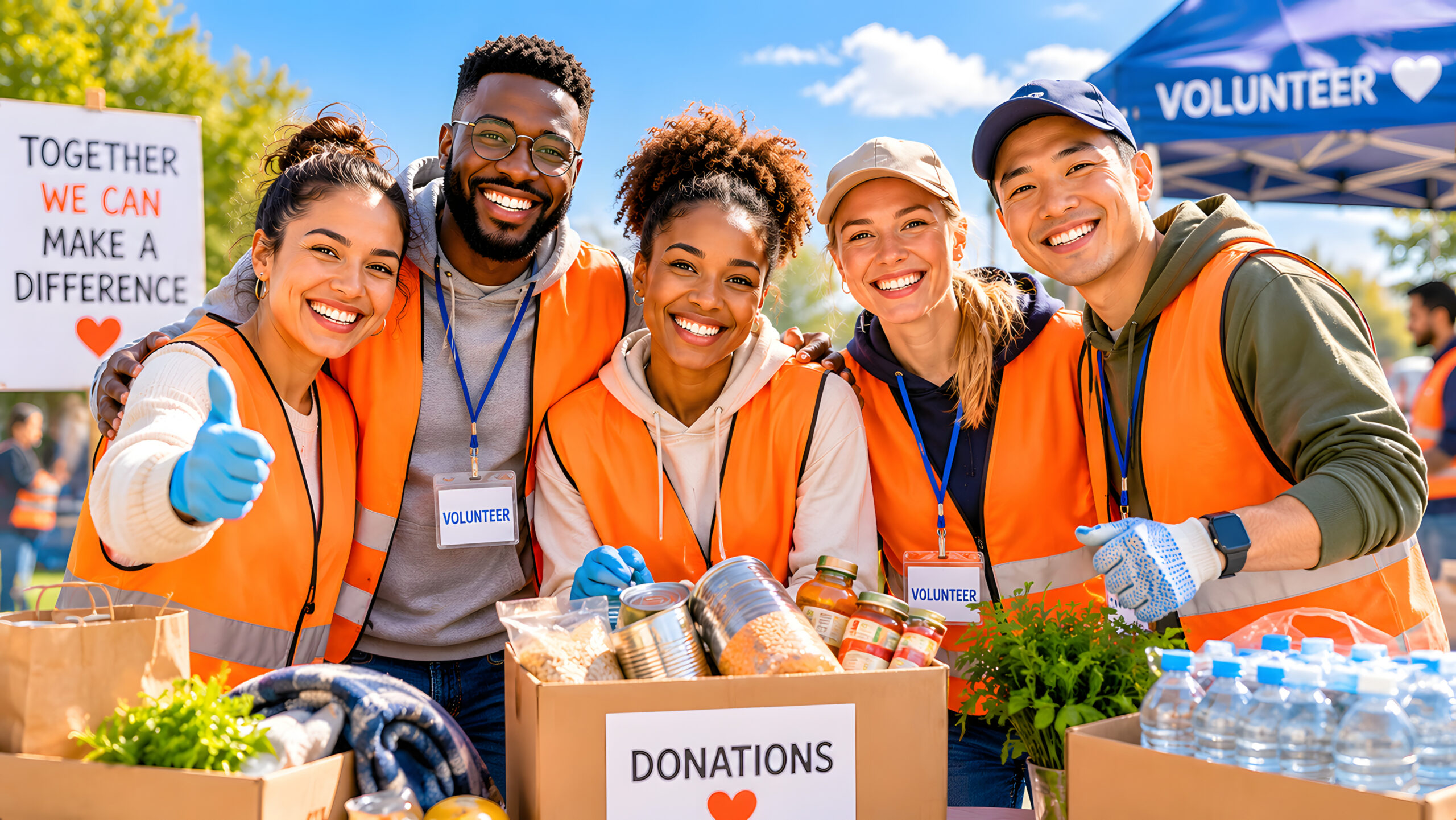 Diverse group of smiling volunteers working together to collect donations for a cause.