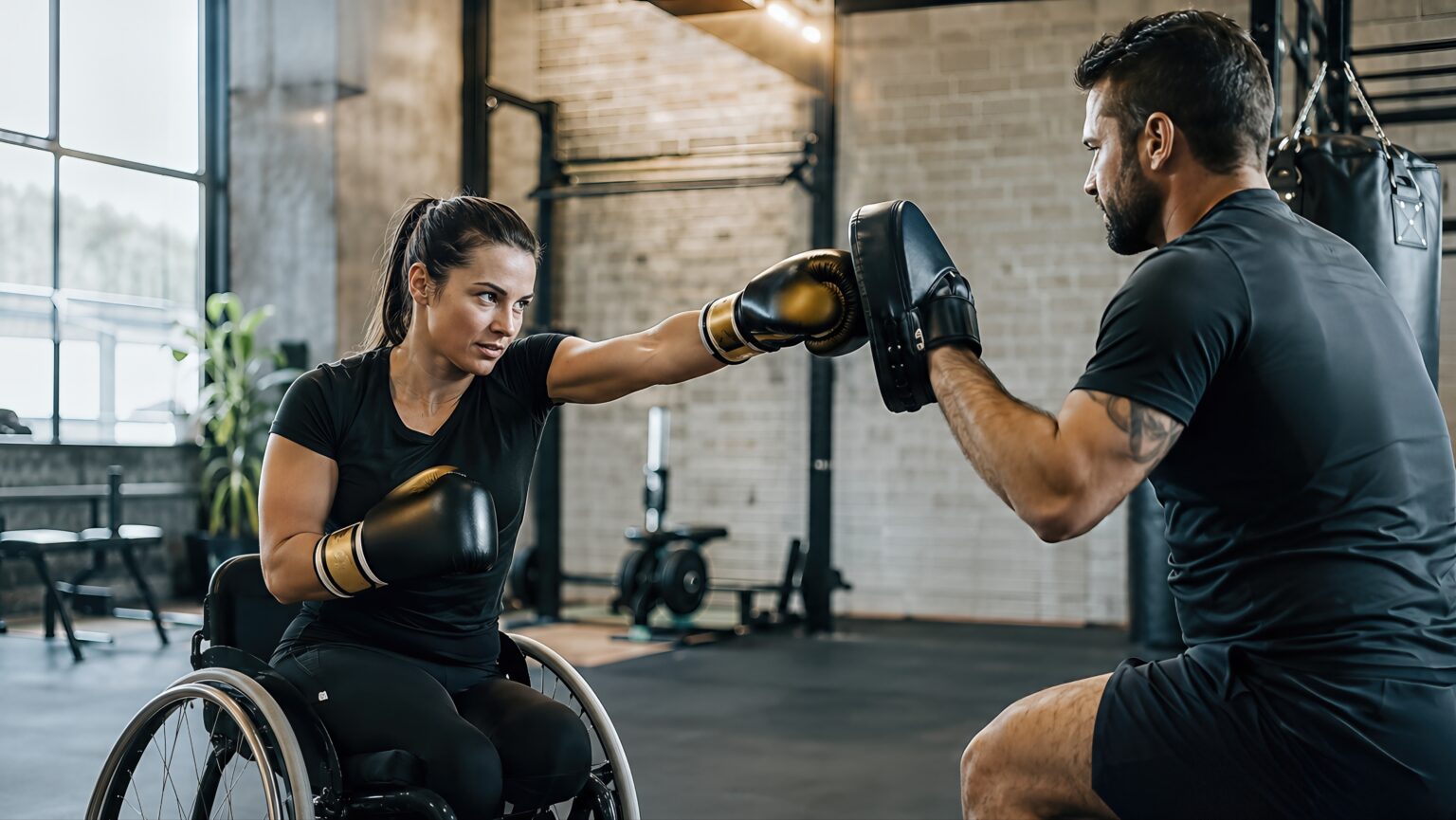 Disability sport gym scene with athlete doing pad work, illustrating coaching, power, active training and adaptive performance.