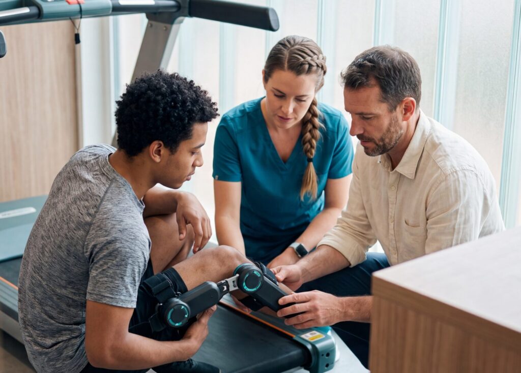 Medical professionals fitting a robotic knee brace on a young male patient in a rehabilitation clinic. Generative AI image.