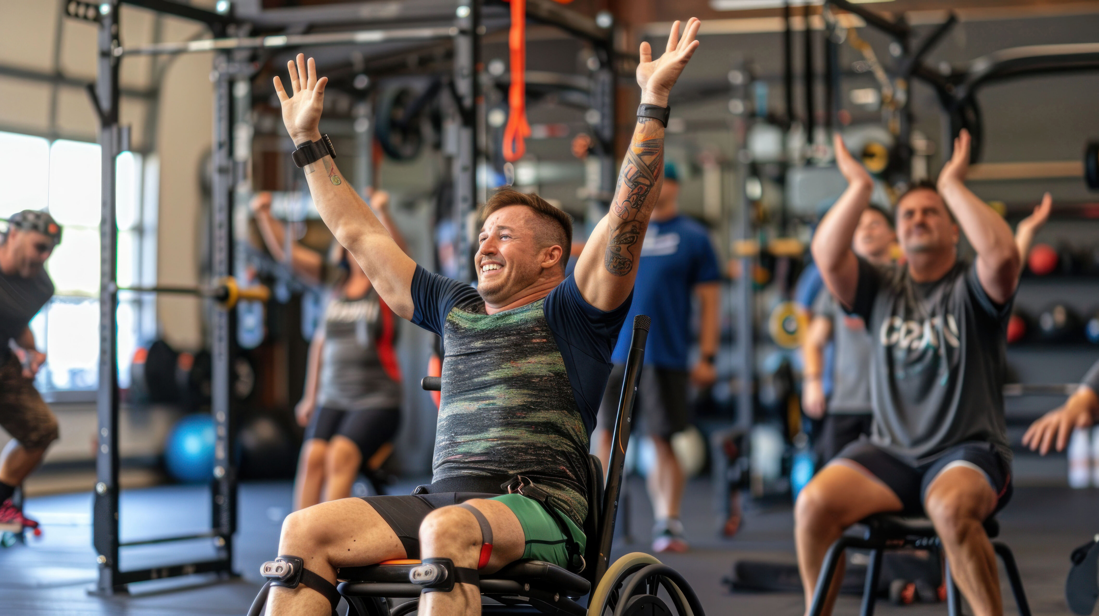 A man in wheelchair is joyfully exercising with his arms raised, surrounded by others in gym setting. atmosphere is energetic and uplifting.